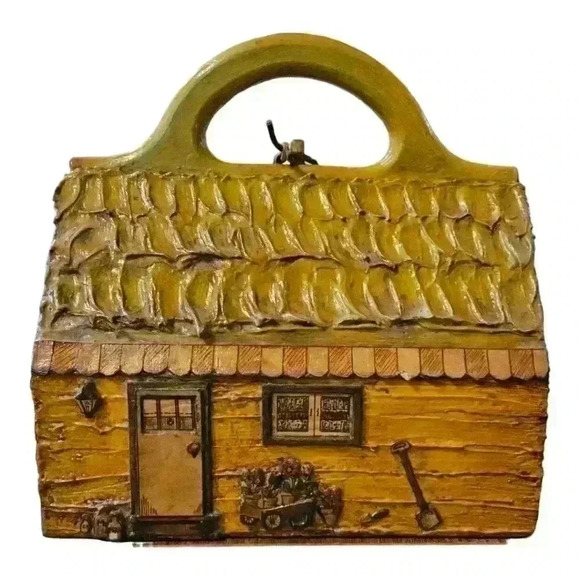 Vintage Hand Carved Wooden Cottage Purse Signed - Picture 3 of 13
